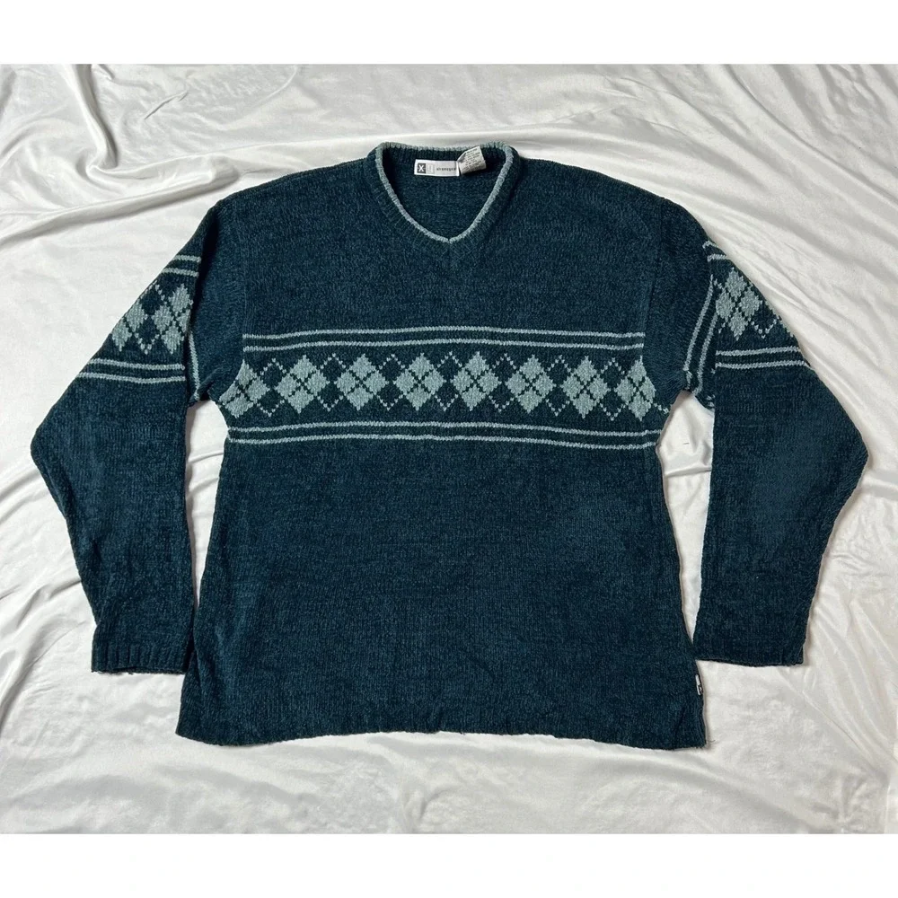 Xtremegear Mens Teal Chenille Argyle V-Neck Sweater Vintage Style Knit Nordic L